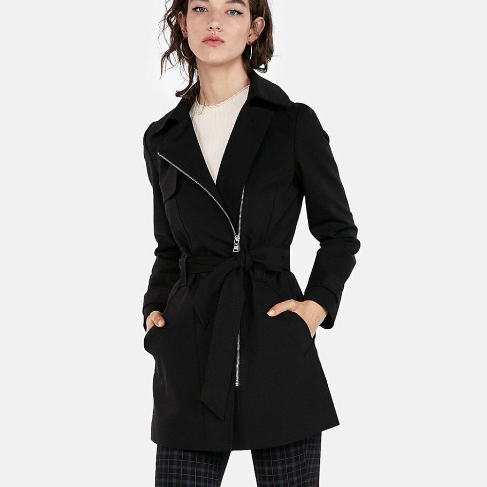 Women's Express Short Tie Waist Trench Coat - Size XS Black
